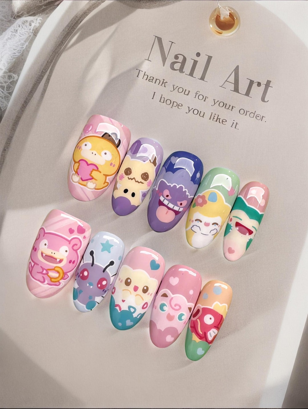 Handmade Press on Nails/"pokémon Collection"/kawaii Cute Nails/macaron Rainbow Nails/pure Hand-painted Nail Art/long Oval Nails - Etsy Japan