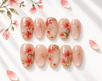 Peach Press On Nails, Wedding Guest Nails, Short Oval Nails, Gold Foil Nails, Soft Pink Nails, Romantic Spring Floral Set