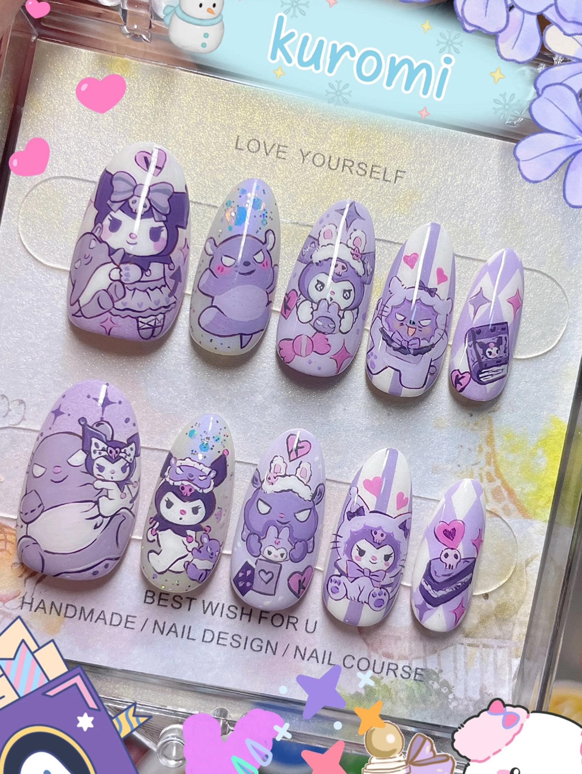 Colección Alta Costura / "Kuromi & BAKU" / Uñas postizas hechas a mano / Uñas pintadas a mano / Uñas postizas