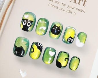 Presse faite main sur les ongles/ongles peints à la main purs/faux ongles/mignons ongles kawaii/ongles à paillettes vertes/ongles de chat noir