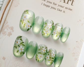 Green Gradient White Flower Press On Nails/Hand Painted Floral Nail Art/Fresh Spring Garden False Nails /Elegant Nature Inspired Nails