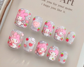 Uñas postizas hechas a mano con diseño de dulces y melodías adorables / Uñas decoradas a mano / Uñas postizas / Uñas lindas / Uñas kawaii / Uñas para fiestas