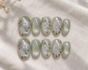 Sage Green Nails, Garden Wedding Nails, Short Oval Press On Nails, Pearl Botanical Floral Manicure, Delicate White Flowers