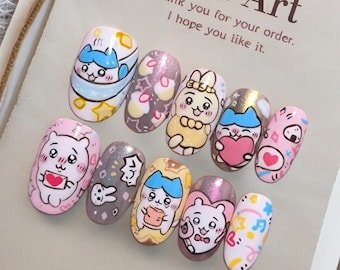 Arte de uñas de anime/Uñas postizas hechas a mano/Uñas kawaii/Arte de uñas pintado a mano/Uñas para estudiantes adolescentes/Reglamento de ComicCon Artist Alley