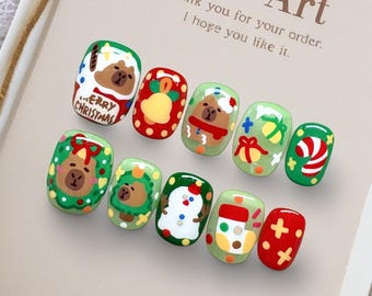Trendy Cartoon and Anime Designs/Handmade Press on Nails/Kawaii Cute Nails/Pure hand-painted nail art/Teenage Student Nails/Christmas nails