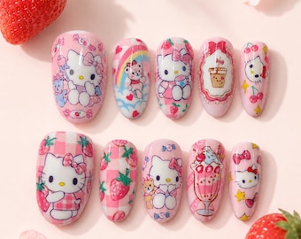 Colección Alta Costura / "HelloKitty Fresa" / Uñas postizas artesanales / Uñas pintadas a mano / Uñas postizas / Uñas bonitas / Uñas kawaii
