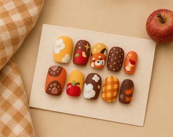 Cozy Autumn Nails, Cute Fall Nails, Red Panda Nails, Animal Press Ons, Brown Fall Nails, Apple Press On Nails, Short Square Nails