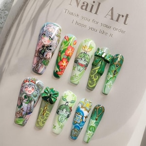 Haute Couture Collection| “Nahida” | Cute Artistic Nail Set/Lovely Handmade Nails/Pure hand-painted/Gaming Fandom related nails