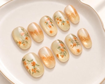 Autumn Floral / Press On Nails / Amber Marble / Short Oval / Peach Nude / Orange Flower / Fall Nail Set