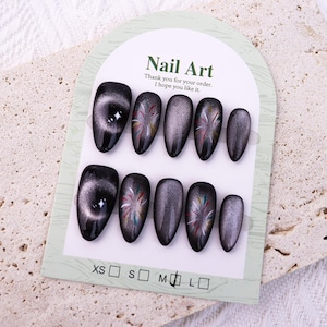 Bezaubernde schwarze Feuerwerk reflektierende Katzenaugen Nägel/Handgemachte Presse auf den Nägeln/Mandelnägel/Custom Press on den Nägeln/romantischer Stil/Gelnägel