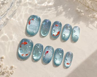 Sommer Blau Ozean Nagel Kunst/Süße kurze ovale Nagel/Teenager Studenten Nagel/Katzenaugen Nägel/Handgefertigte Presse auf den Nägeln/Nägel für die Sommerferien