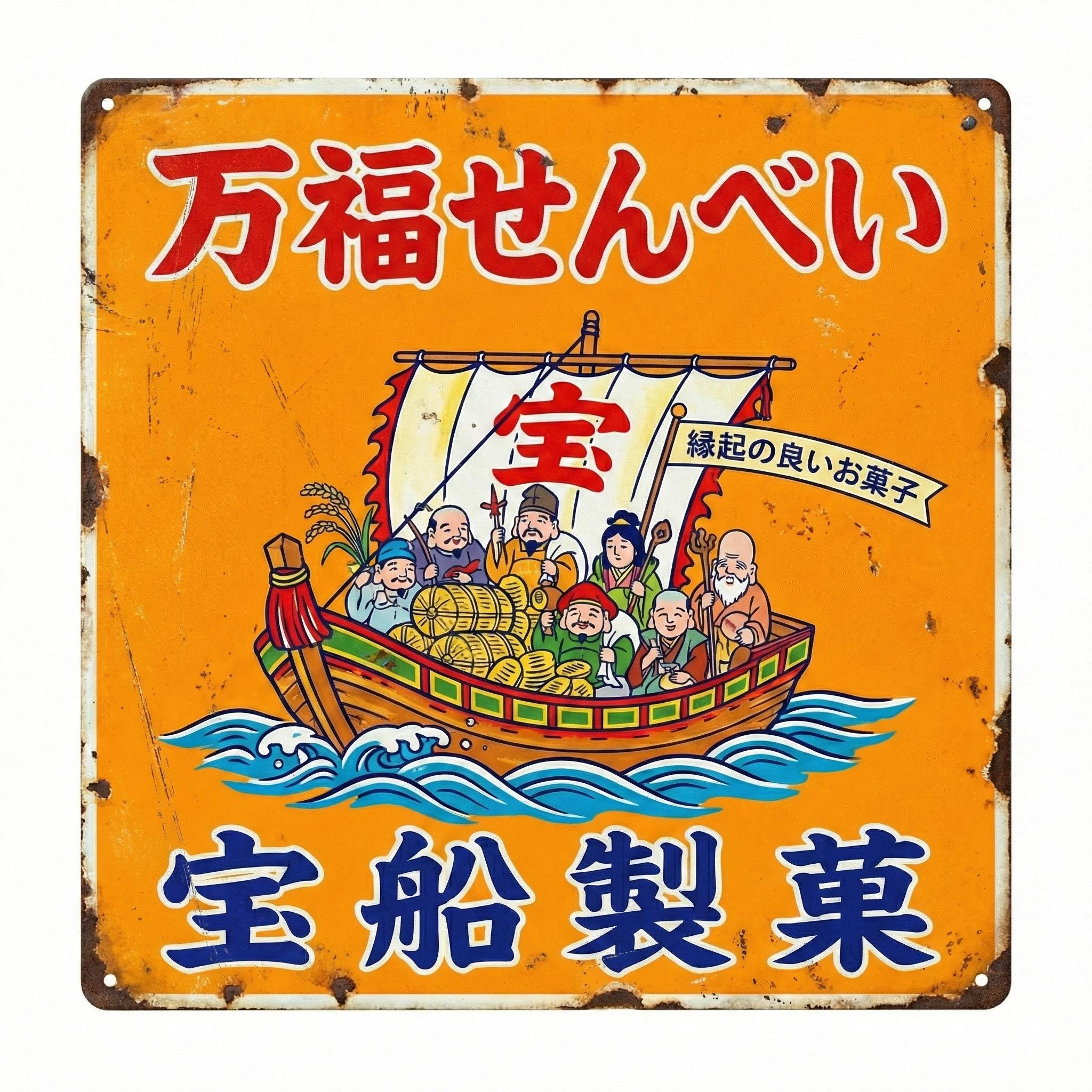 昭和レトロ 宝船製菓 万福せんべい ヴィンテージ風マグネット - 七福神 