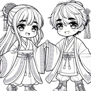 以下が含まれることがあります： 伝統的な中国の服を着た2人の子供の白黒の線画。女の子は左側にいて、長い髪をまとめたお団子ヘア。男の子は右側にいて、短い髪。2人とも笑顔で手をつないでいる。