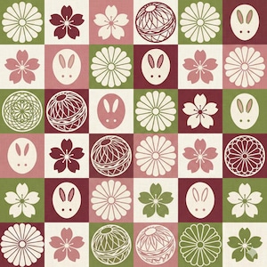 Könnte beinhalten: Ein sich wiederholendes Muster aus Quadraten mit japanisch inspirierten Designs. Die Quadrate wechseln sich zwischen Grün, Burgunderrot und Off-White ab. Zu den Designs gehören Kirschblüten, Hasengesichter und dekorative Kugeln.