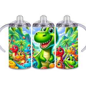 May include: A green, blue, orange, and red dinosaur themed water bottle with a clear lid and handle. The bottle features a cartoon dinosaur with a toothy grin and smaller dinosaurs surrounding it.