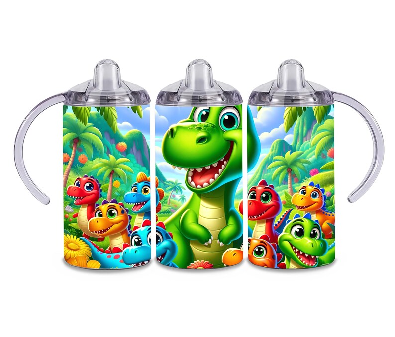 May include: A green, blue, orange, and red dinosaur themed water bottle with a clear lid and handle. The bottle features a cartoon dinosaur with a toothy grin and smaller dinosaurs surrounding it.