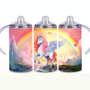 May include: A stainless steel travel mug with a clear lid and a handle. The mug features a colorful design of a unicorn with wings and a rainbow in the background.
