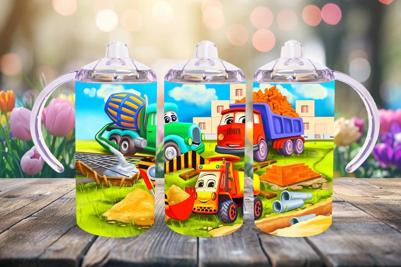 May include: Three colorful construction vehicle themed stainless steel tumblers with clear plastic handles. The tumblers feature a cement mixer, a dump truck, and a bulldozer.