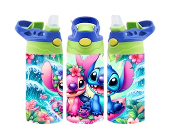 Stitch Hawaiian Cartoon Water Bottle • 12oz Stainless Steel Flip Top Tumbler