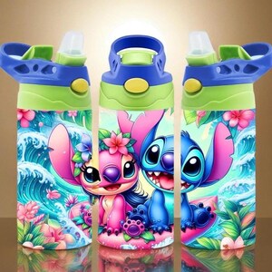 Stitch Hawaiian Cartoon Water Bottle • 12oz Stainless Steel Flip Top Tumbler Bild 2