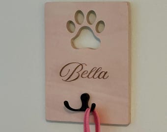 Personalized Dog Leash Holder | Engraved Name, Paw Print Wood Wall Mount