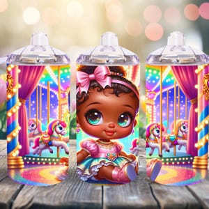 May include: Three clear plastic sippy cups with handles. Each cup features a colorful design of a carousel with a little girl with brown skin and a pink bow in her hair. The girl is wearing a pink and blue dress and is sitting on a carousel horse.