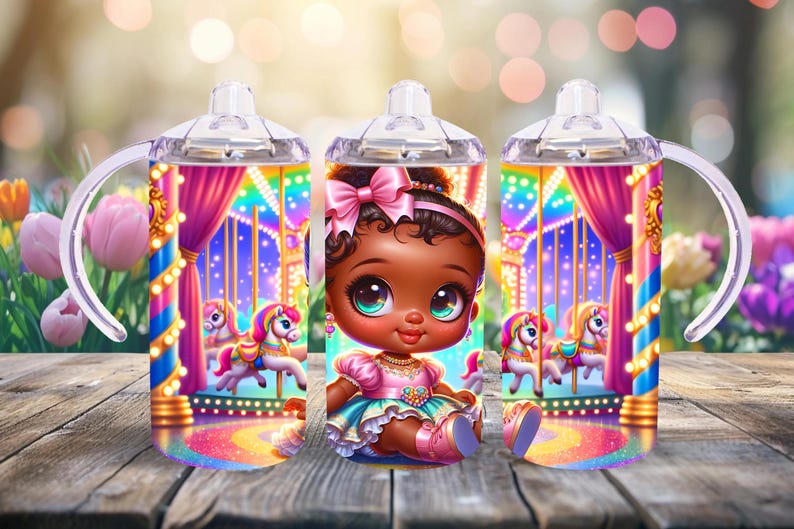 May include: Three clear plastic sippy cups with handles. Each cup features a colorful design of a carousel with a little girl with brown skin and a pink bow in her hair. The girl is wearing a pink and blue dress and is sitting on a carousel horse.