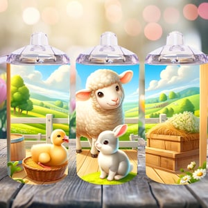 May include: Three stainless steel tumblers with clear lids and handles. Each tumbler features a different farm animal: a white lamb, a white rabbit, and a yellow duckling. The background is a cartoon farm scene with green fields, a wooden fence, and a hay bale.