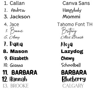 Puede incluir: Un fondo blanco muestra una lista de nombres y estilos de fuente. Los nombres est&aacute;n numerados e incluyen Callan, Andrew, Jackson, Jace, Bonnie, Amy, Dang, Mason, Elizabeth, Gianna, Barbara, Hannah y Brooke. Los estilos de fuente incluyen Canva Sans, Hangyboly, Mommi y otros.