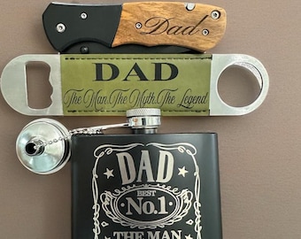 Father’s Day Gift Set for Dad - The Man The Myth The Legend Flask Knife Opener Bundle | Personalized Dad Gift, Whiskey Lover