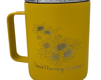 Taza Good Morning Sunshine Camper: Taza de café de acero inoxidable con girasol grabado