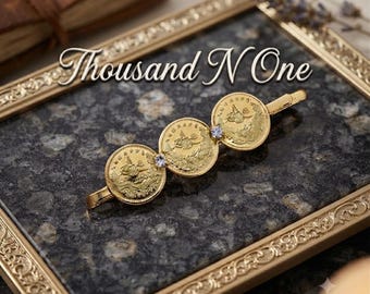 Hårspänne med trippelmynt i kristall, turkisk ottomansk hårspänne i 18 karat guld, bohemisk gåva i statement-stil — Sahira
