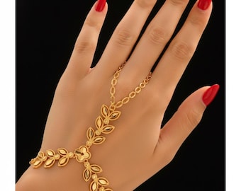 Leaf Vine Finger Hand Chain Bracelet, 21K Gold-Plated Bridal Slave Bracelet — Nimat