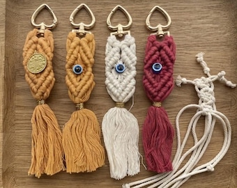 Macrame Tassel Bag Charm, 2 Styles: Turkish Coin and Evil Eye — Custom
