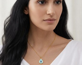 Turquoise Enamel Teardrop Pendant Necklace, 18K Gold-Plated Rope Trim, Blue Drop Stone Accent Necklace — Fayrouza