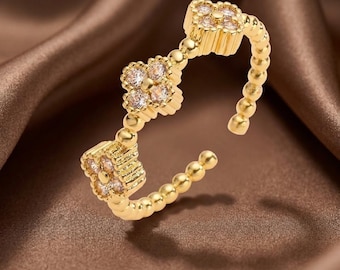 Beaded Rhinestone Ring, 18K Gold Plated Floral Cluster Statement Ring, Mixed Texture Pave Ring, Adjustable Gift for Her — Razaan