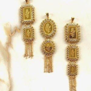Filigree Double-Tier Pendant Necklace, Rose & Portrait Motif with Tassel, 21K Gold-Plated Vintage Necklace — Zohour