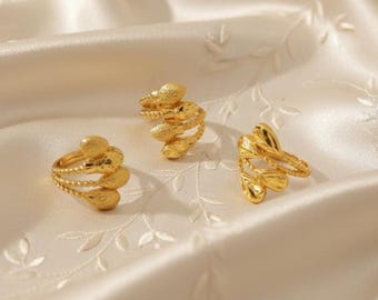 Ring met bladknopspiraal, 21-karaats vergulde kralenring, verstelbare statementring, cadeau voor haar — Hafsa
