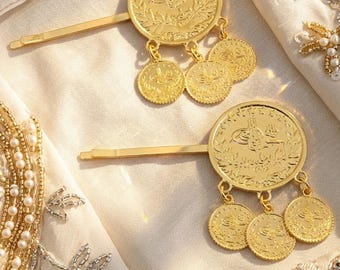 Large Coin Medallion Dangle Hairpin, Ottoman 18K Gold-Plated Bridal Hair Pin, Boho Statement Gift — Nishana