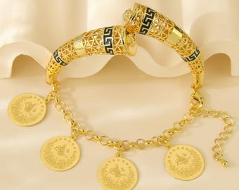 Manchetarmband met muntbedeltje, Ottomaanse filigraanarmband, 21 karaats verguld, bruidsarmband, cadeau voor haar — Rabab"
