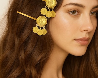 Beaded Coin Medallion Dangle Hairpin, Boho Ottoman Turkish 18K Gold-Plated Hair Pin, Statement Gift — Nermeen