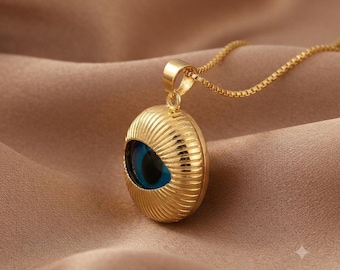 Sunburst Evil Eye Pendant Necklace, 18K Gold-Plated Turkish Nazar Charm, Blue Lucky Charm Necklace — Jennah