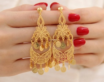 21k Gold-Plated Arab Drop Turkish Palestinian Bridal Coin Earrings, Arab-Inspired, Gift for her — Najat