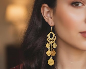 21K Gold Plated Teardrop  Turkish Coin Fringe Earrings, Dubai Style, Gift for her — Nour