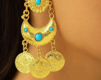 21k Gold-Plated Arab Dubai Kurdish  bridal Henna Party Middle Eastern Fringe Earrings, Gift for her — Riham