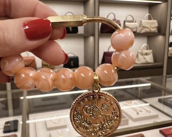 Turkish Coin Keychain, 18K Gold Plated Lira Charm, Marbled Bead Keyring, Arabic Jewelry, Star Charm Option, Gift for Her