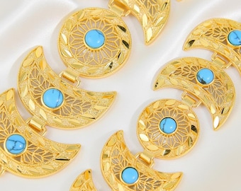 Crescent Moon Turquoise-Style Filigree Bracelet, Sun Medallion 24K Gold-Plated Bridal Bracelet, Henna Night Gift — Zaheya