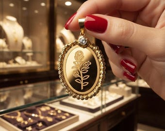 Custom Queen Rose Pendant Necklace, Oval Rhinestone Rope-Frame Medallion, 24K Gold-Plated Personalized Necklace — Lujain