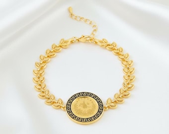 Coin Medallion Olive Leaf Bracelet, Greek Key Ottoman 21K Gold-Plated Bracelet, Henna Party Gift — Rabiba