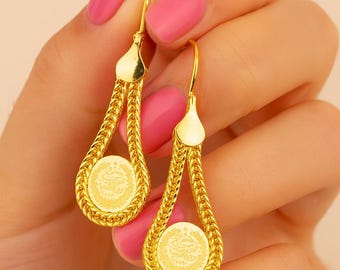 21K Gold-Plated Arab Ottoman Dubai Bridal Party Coin Fringe Earrings, Gift for her — Raba'a